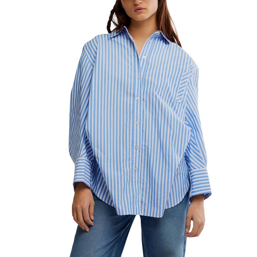 NEW FREE PEOPLE sabine striped articulated shirt in oxford stripe - blue combo - Picture 3 of 5